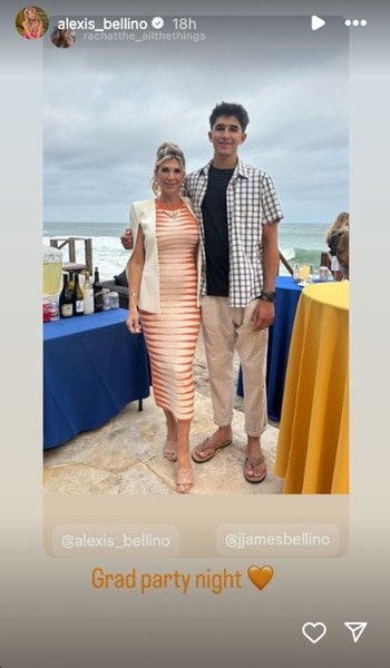 Alexis Bellino with her son standing outside of his graduation party.