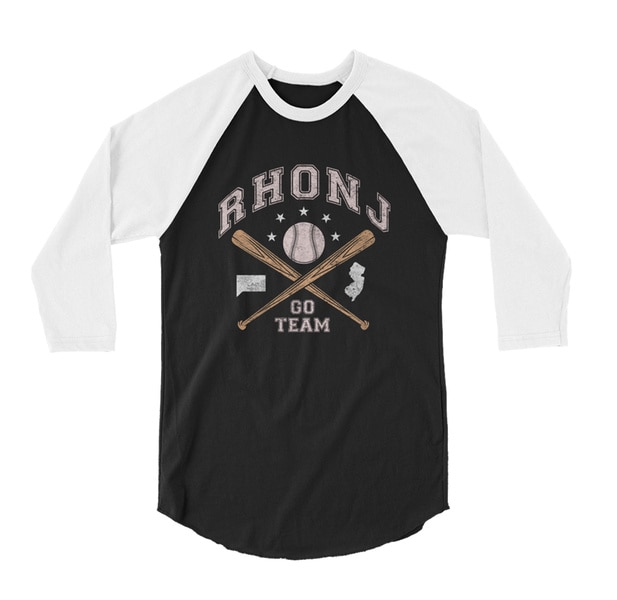 A black and white baseball tee that reads "RHONJ Team"