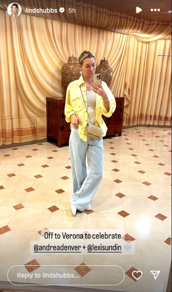 Full length of Lindsay Hubbard in a room with draped curtains wearing a yellow top and jeans.