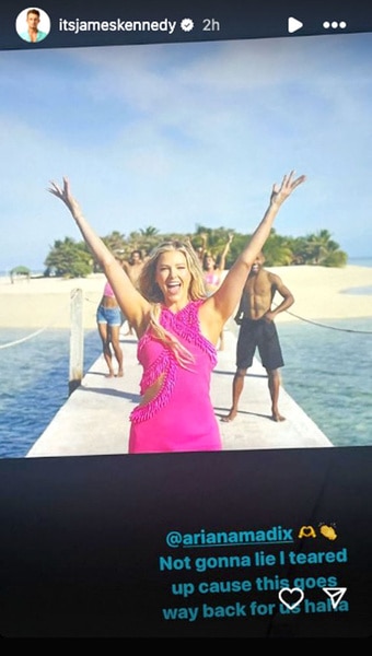 Ariana Madix wearing a pink dress as the host of Love Island.