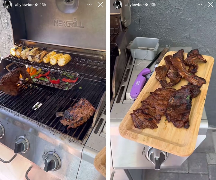 A split of James Kennedy and Ally Lewber grilling in their backyard.