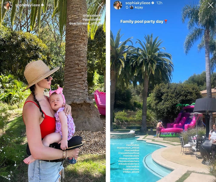 A split of Farrah Brittany holding a baby and a pool.