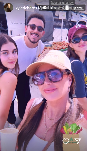 Kyle Richards at the farmers market with her daughters, Portia Umansky, Alexia Umansky, and Jake Zingerman.