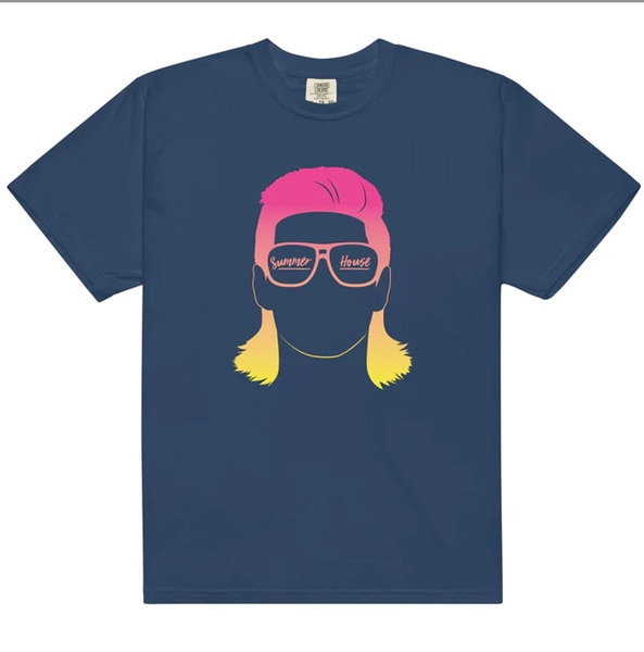 A blue tee shirt with Kyle Cooke's face on it