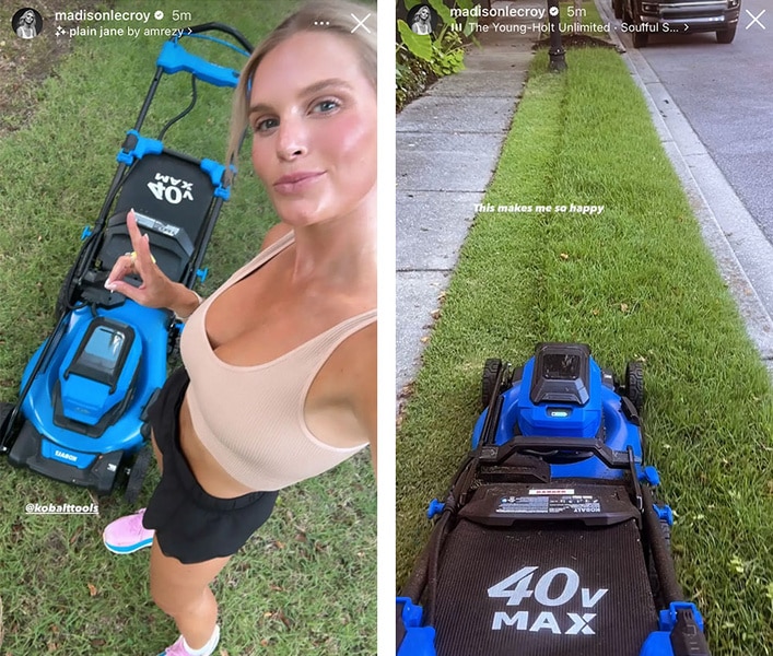 Madison Lecroy mowing her front yard.