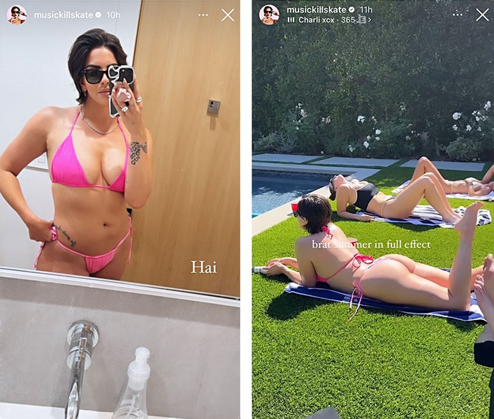 A series of Katie Maloney with friends spending time in a pool.