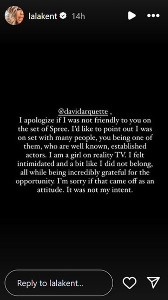 An apology that Lala kent issued to David Arquette through her instagram story