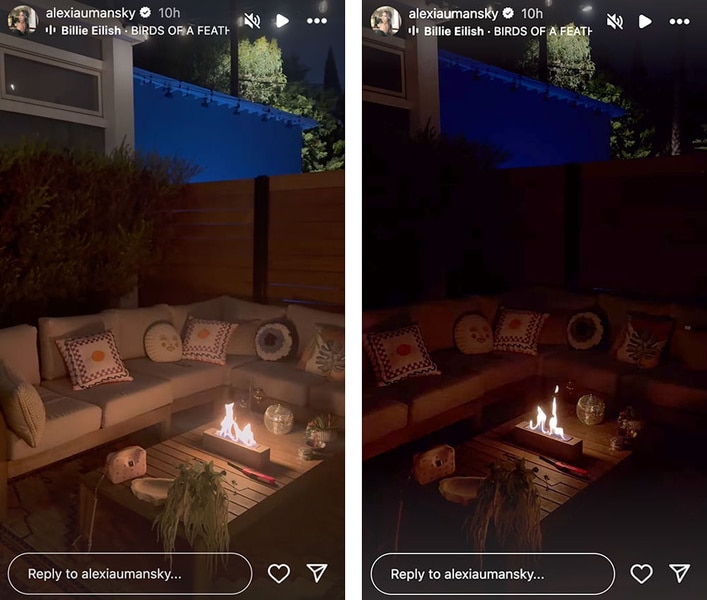 A series of images of Alexia Umansky's outdoor space with a fire pit at nightfall