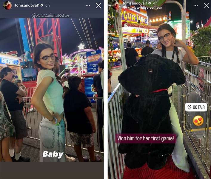 A split of Victoria Lee Robinson at a fair holding a giant stuffed animal.