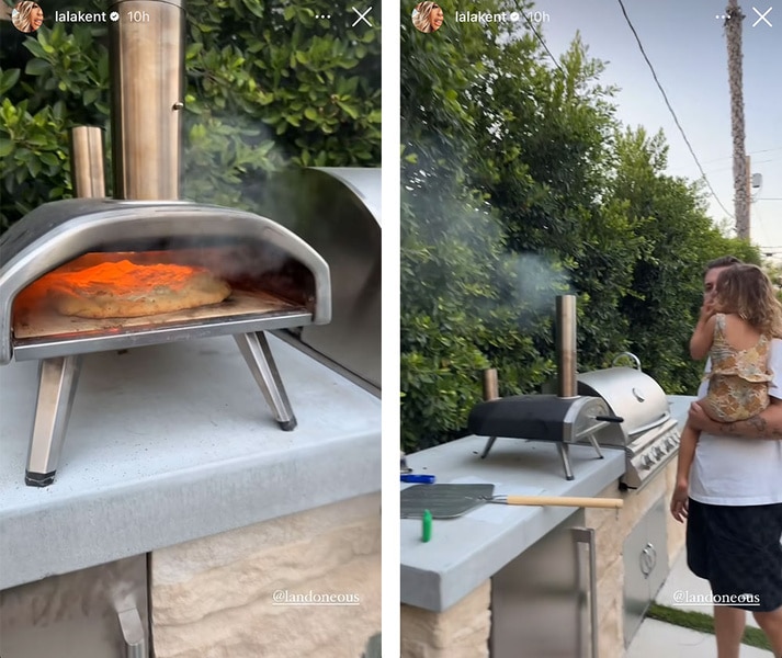 A split of Lala Kent's backyard with a pizza oven.