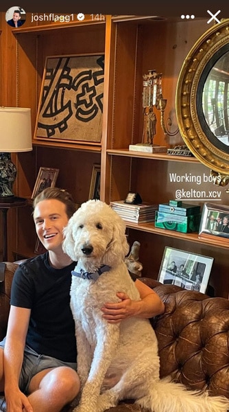 Josh Flagg's boyfriend and his dog on a leather couch.