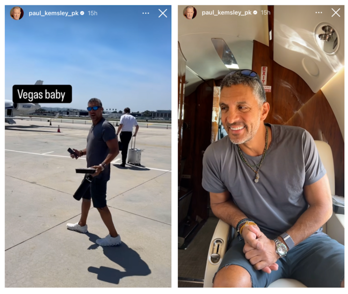 A split of Mauricio Umansky smiling on a tarmac and private plane.