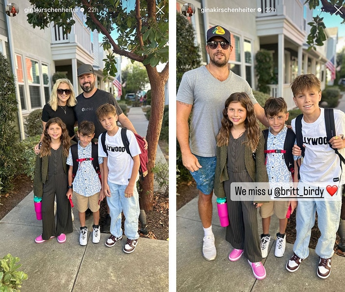 A series of Gina Kirschenheiter and Travis Mullen with their children on their first day of school