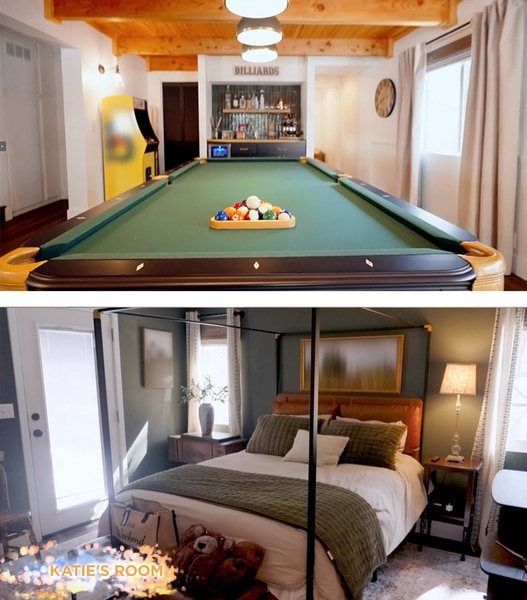 Split of Tamra Judge's game room and guest room in her Big Bear, California home