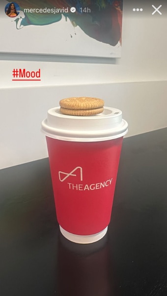 Mercedes Javid posts a coffee and a cookie to her Instagram Story.