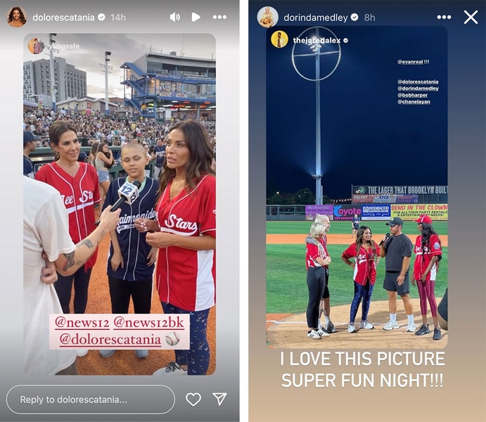 Photos of Dolores Catania's charity softball game posted to Instagram Stories.