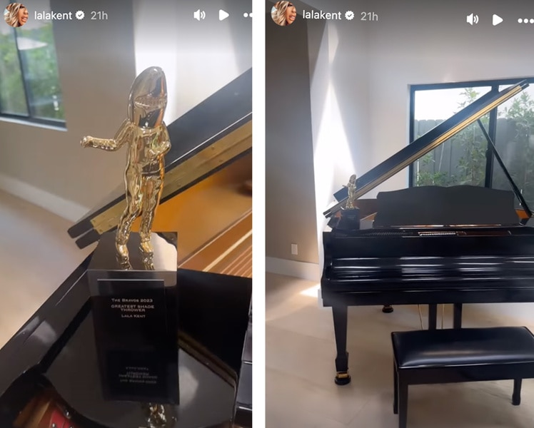 Lala Kent shows off a piano and trophy in her living room.