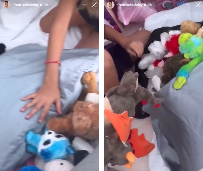 A split of Fredrik Eklund's kids playing with toys.