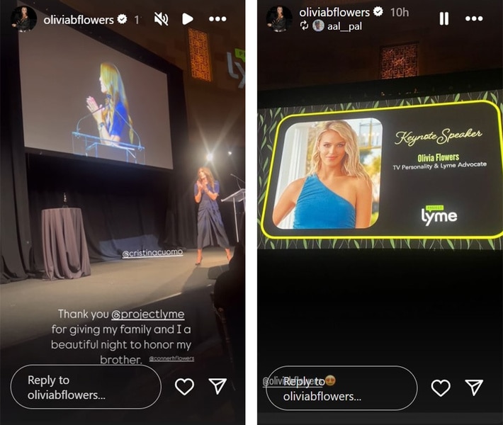 Olivia Flowers of Southern Charm speaks at a Project Lyme gala on her Instagram story.