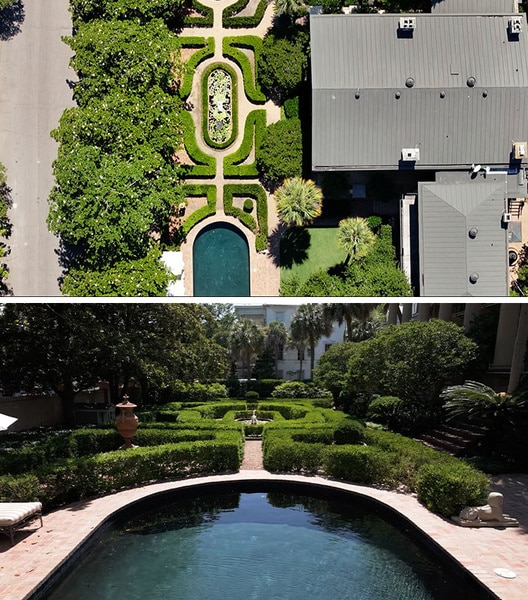 An overhead view of the gardens at Patricia Altschul and Whitney Sudler-Smith's home.