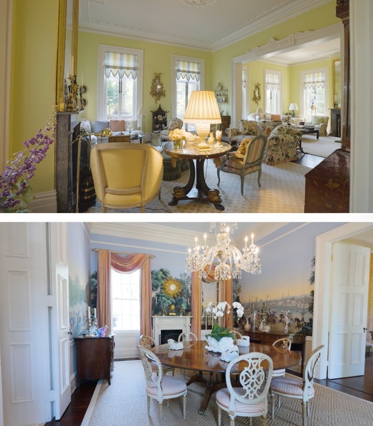 Split image of Whitney Sudler Smith's sitting room and dining room