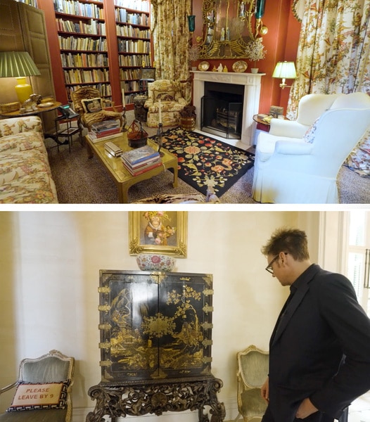 Split image of Whitney Sudler Smith's hallway and library