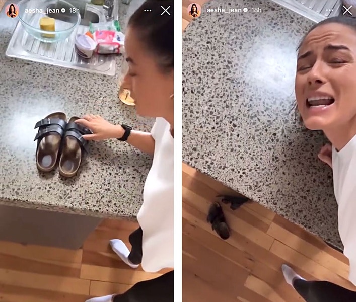 A series of Aesha Scott with birkenstocks on her counter