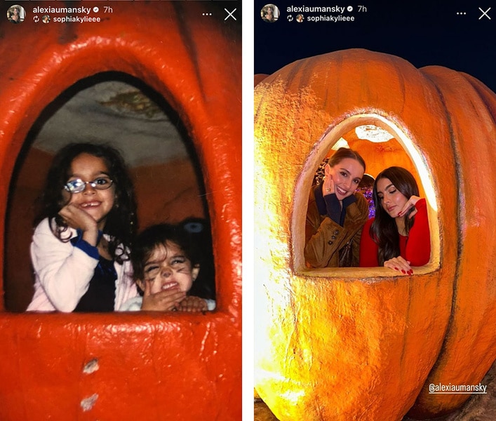 A series of Alexia Umansky and Sophia Umansky in a life sized pumpkin.