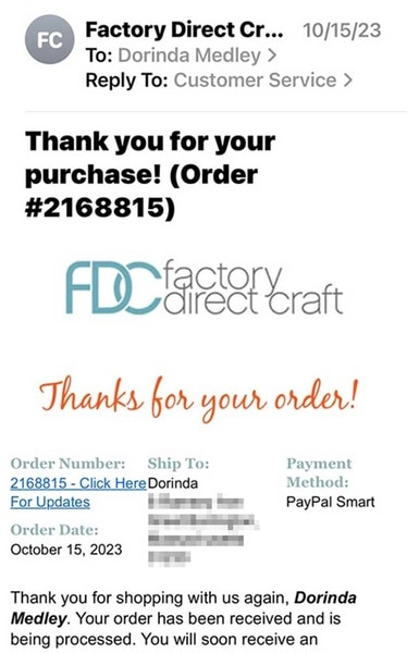 Dorinda Medley's receipt from Factory Direct Craft