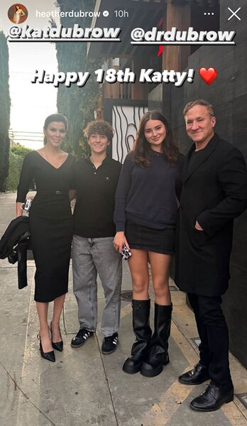 Heather Dubrow, Kat Dubrow, Terry Dubrow, and Ace Dubrow smiling together outdoors.