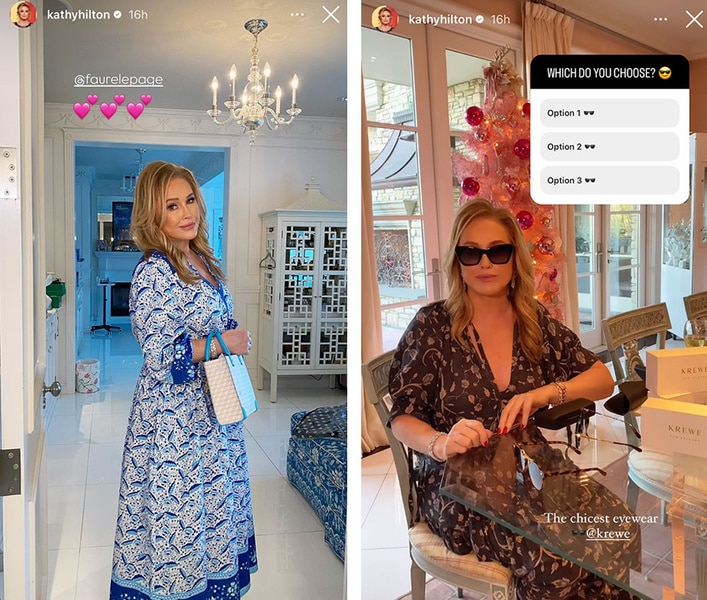 A series of Kathy Hilton wearing colorful dresses in her home.