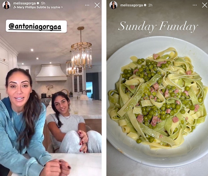 Melissa Gorga and Antonia Gorga sitting together on a couch and a plate of pasta with peas