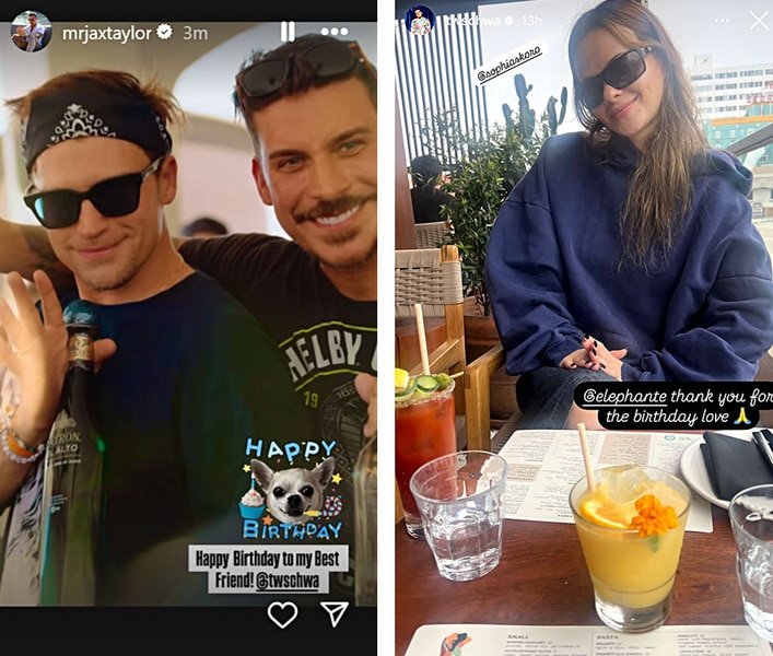 A series of Tom Schwartz celebrating his birthday with Sophia Skoro and Jax Taylor.