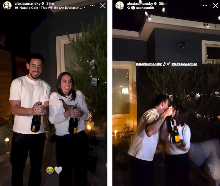 Alexia Umansky and Jake Zingerman pop champagne bottles and kiss to celebrate their Engagement