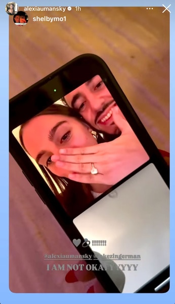 Alexia Umansky and Jake Zingerman in a face time call showing her engagement ring after their engagement