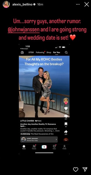 Alexis Bellino and John Janssen on a balcony with messaging surrounding the status of their relationship, They are still together