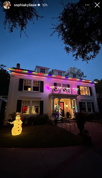 A photo of Kyle Richards's outdoor holiday decorations glowing on her home.