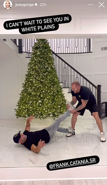 Joe Gorga and Frank Catania playfighting in front of Joe Gorga's Christmas tree.