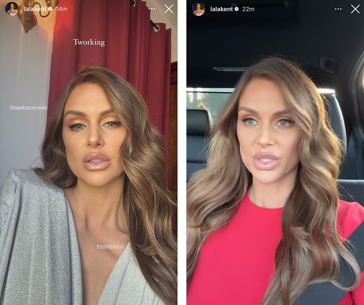 A split of Lala Kent with brunette hair.