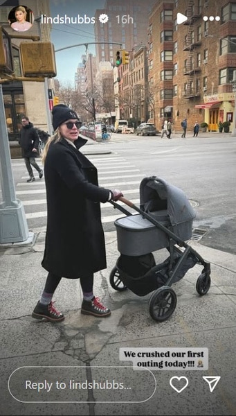 Lindsay Hubbard pushing baby Gemma Kufe in her stroller.