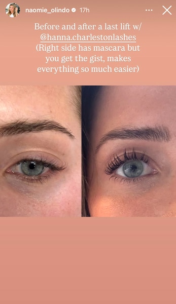 A side by side of Naomie Olindo before and after a lash lift