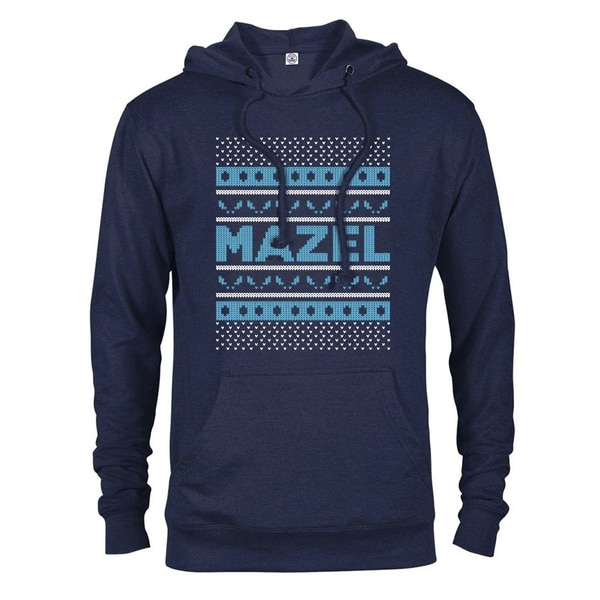 A sweater with "Mazel" quoted on it.