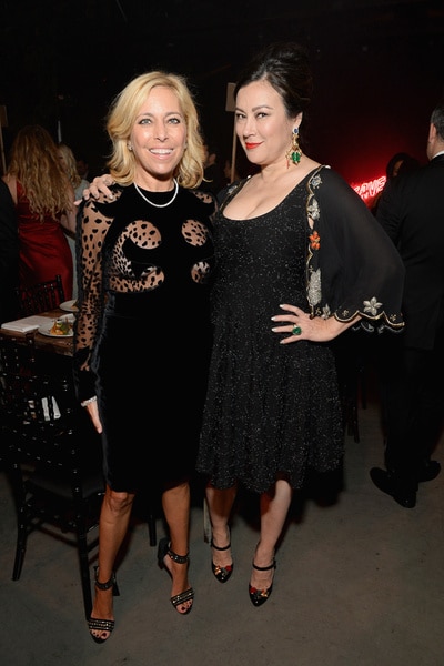 Sutton Stracke with Jennifer Tilly both wearing black dresses.