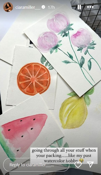 Ciara Miller's watercolors of watermelon, orange, flowers and a lemon.