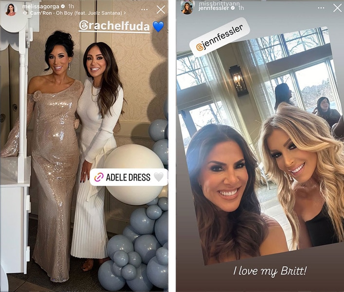 A series of images of Rachel Fuda, Melissa Gorga, and Jenn Fessler at Rachel Fuda's baby shower