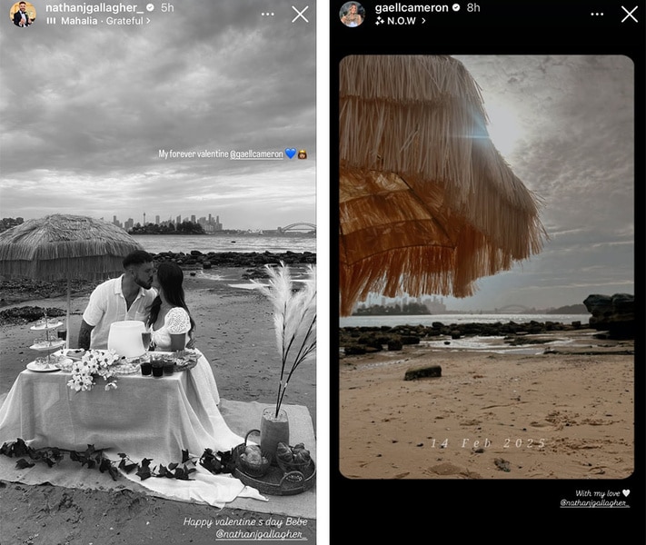 A split of Nathan Gallagher and girlfriend Gael Cameron during their Valentine's Day date at a beach.