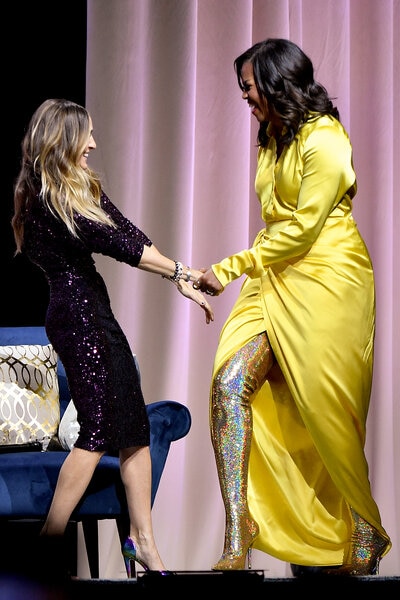 Michelle Obama Wears Balenciaga Thigh High Glitter Knife Boots