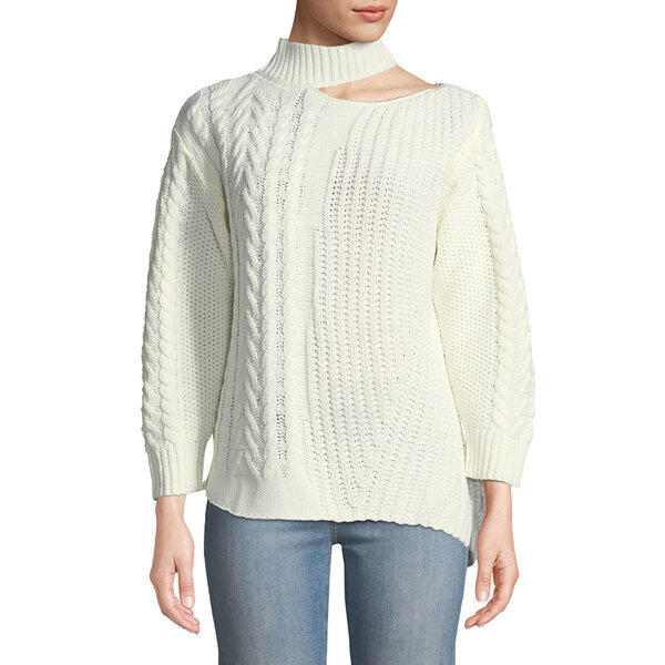 Stephanie Hollman's White Cold-Shoulder Cable Knit Turtle Neck Sweater ...