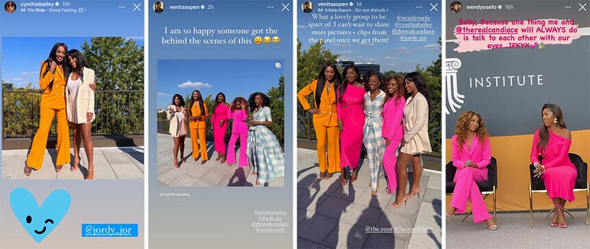 A collage of Wendy Osefo, Cynthia Bailey, Venita Aspen, and Candiace Dillard posing together at an event at Howard University in bright patterns and colors.