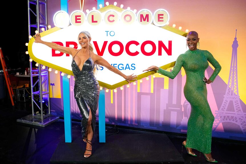 Guerdy Abraira and Alexia Nepola posing and smiling together during The Bravos at BravoCon 2023.